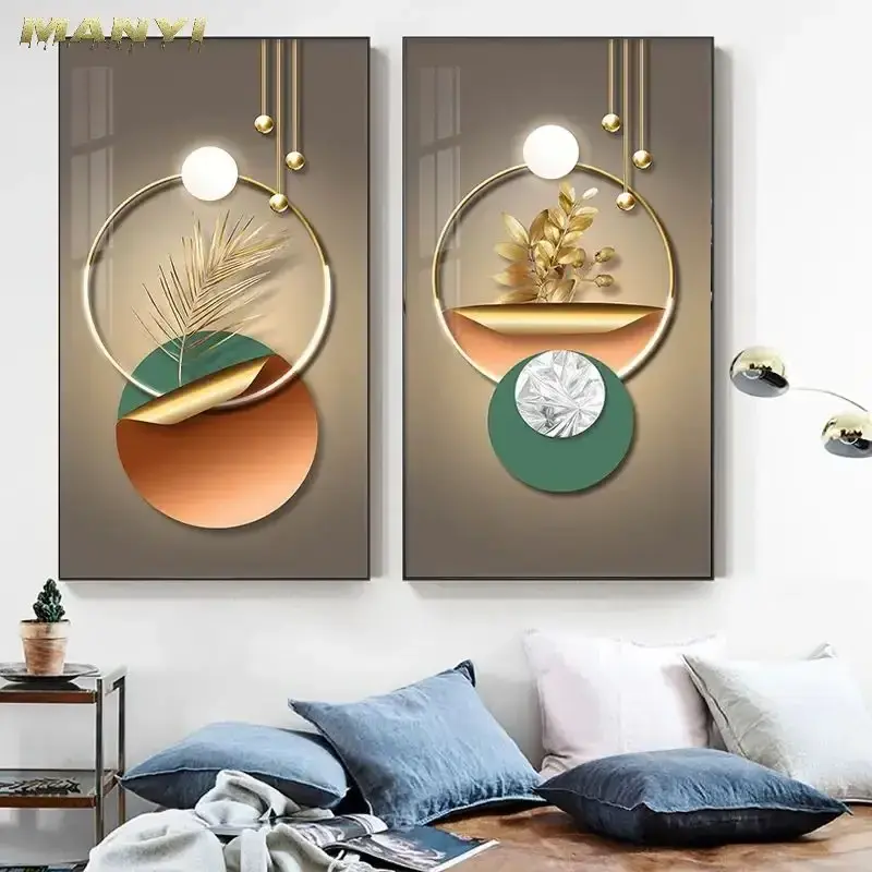 Nordic High Quality Abstract Modern Luxury Golden Geometric Crystal Porcelain Painting Home Decor for Living Room