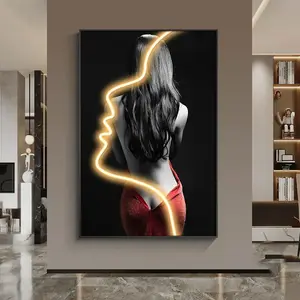 Wholesale HD Modern Abstract LED Light Woman Crystal Porcelain Painting Wall Art for Living Room