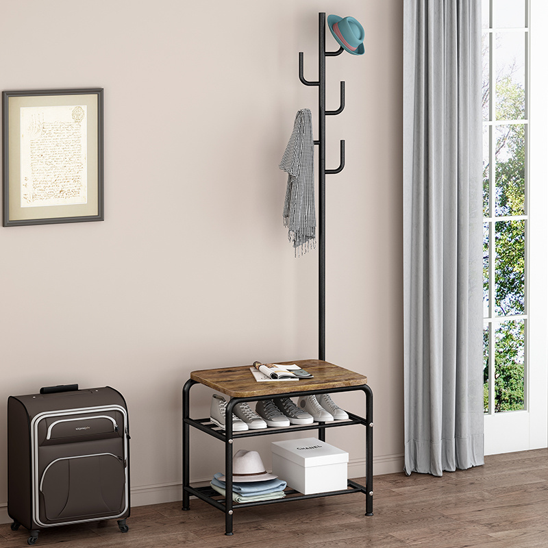 modern style 2 tier entryway metal hall tree with hangle standing coating shoe rack for Metal frame free standing hall coat rack