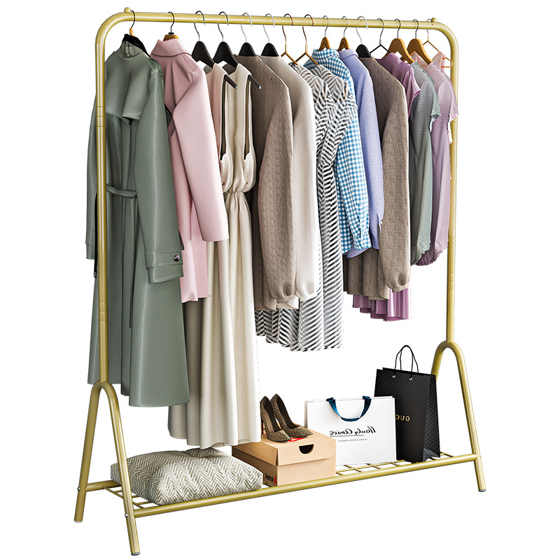 Movable bedroom hanger clothes rail modern metal coat rack with wheels and shoe rack