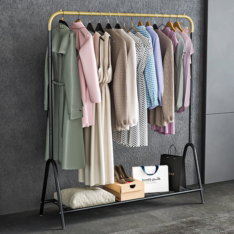 Movable bedroom hanger clothes rail modern metal coat rack with wheels and shoe rack