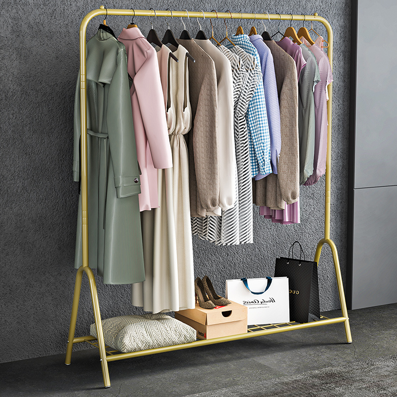 Movable bedroom hanger clothes rail modern metal coat rack with wheels and shoe rack