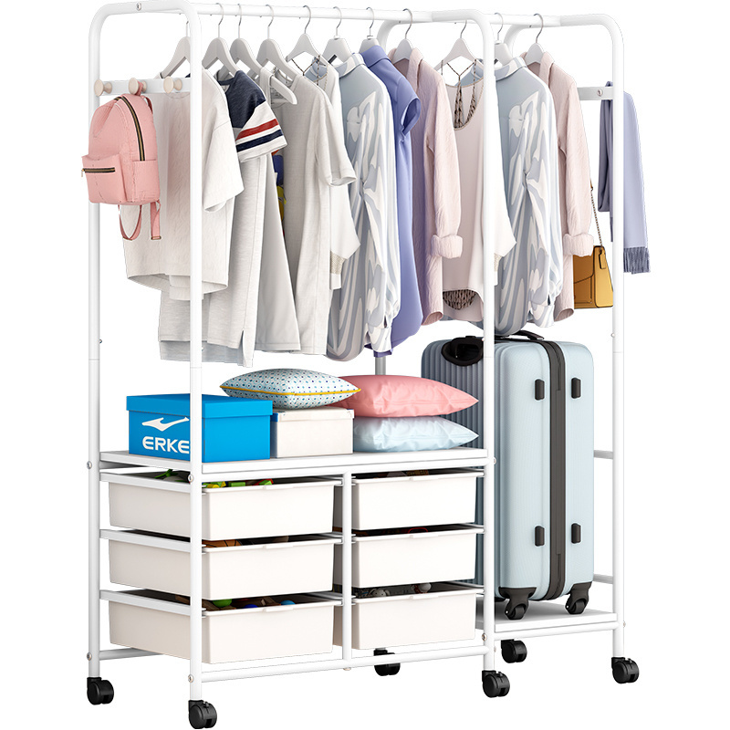 Bedroom simple white metal coat rack  pp plastic drawer storage removable vertical porch multifunctional coat rack with wheels