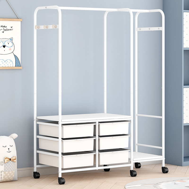 Bedroom simple white metal coat rack  pp plastic drawer storage removable vertical porch multifunctional coat rack with wheels