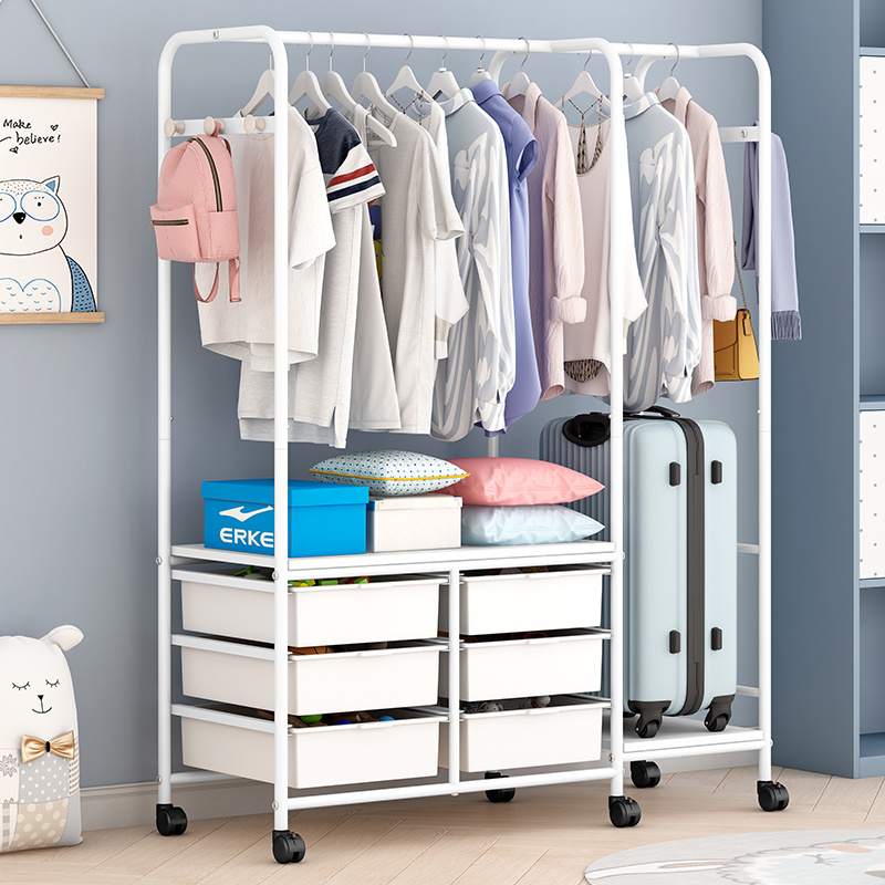 Bedroom simple white metal coat rack  pp plastic drawer storage removable vertical porch multifunctional coat rack with wheels