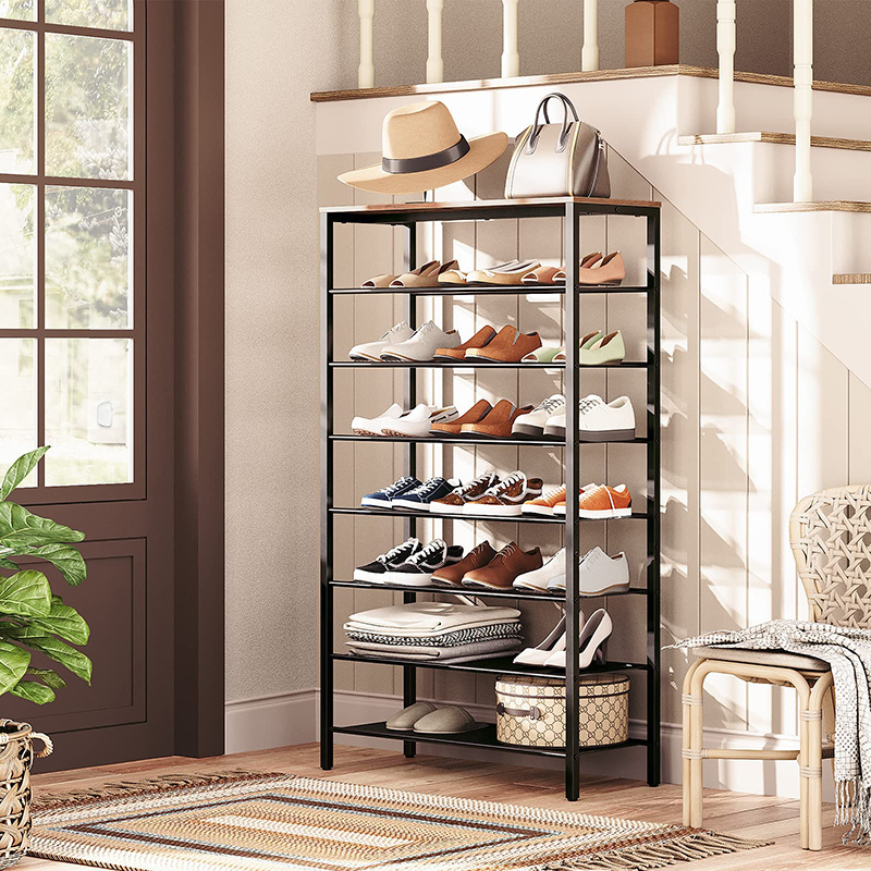 Living room furniture 8 layers large capacity iron shoe rack adjustable metal mesh shelf wooden shoe rack