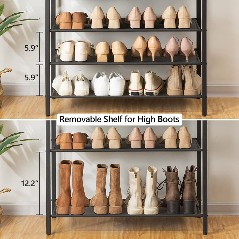 Living room furniture 8 layers large capacity iron shoe rack adjustable metal mesh shelf wooden shoe rack