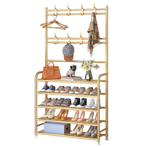 Modern household multifunctional metal shoe rack shelf  5-layer iron shoe stand with hook coat rack