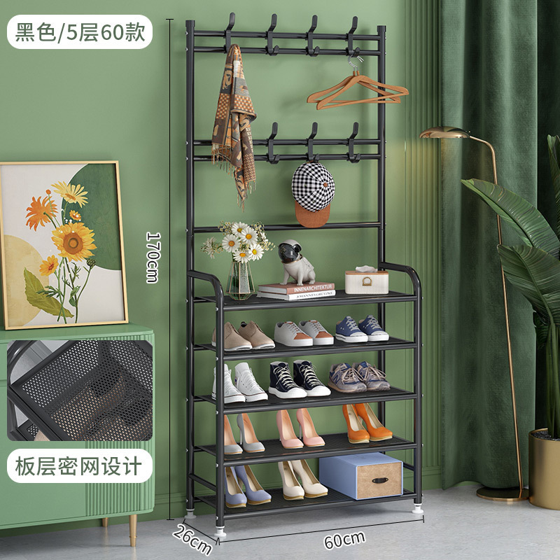 Modern household multifunctional metal shoe rack shelf  5-layer iron shoe stand with hook coat rack