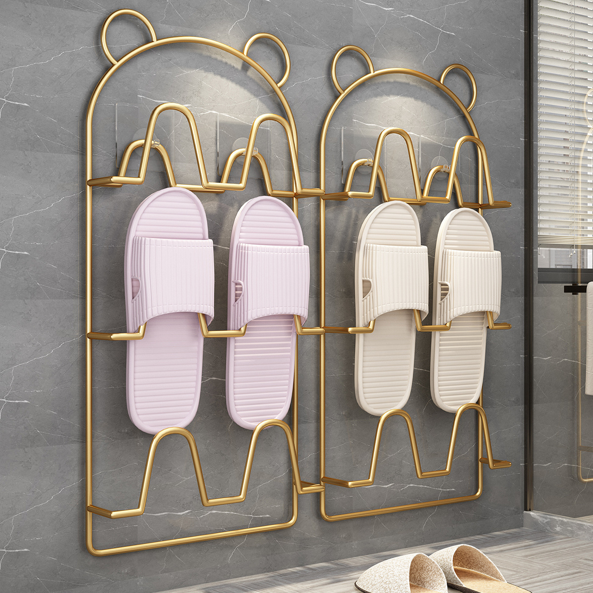 Wholesales Cute Design Style Bathroom Slippers Rack Toilet Wall Mounted Slippers Storage Metal Shoes Stand Rack Scarpiera