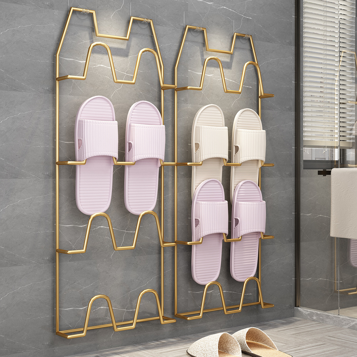 Wholesales Cute Design Style Bathroom Slippers Rack Toilet Wall Mounted Slippers Storage Metal Shoes Stand Rack Scarpiera