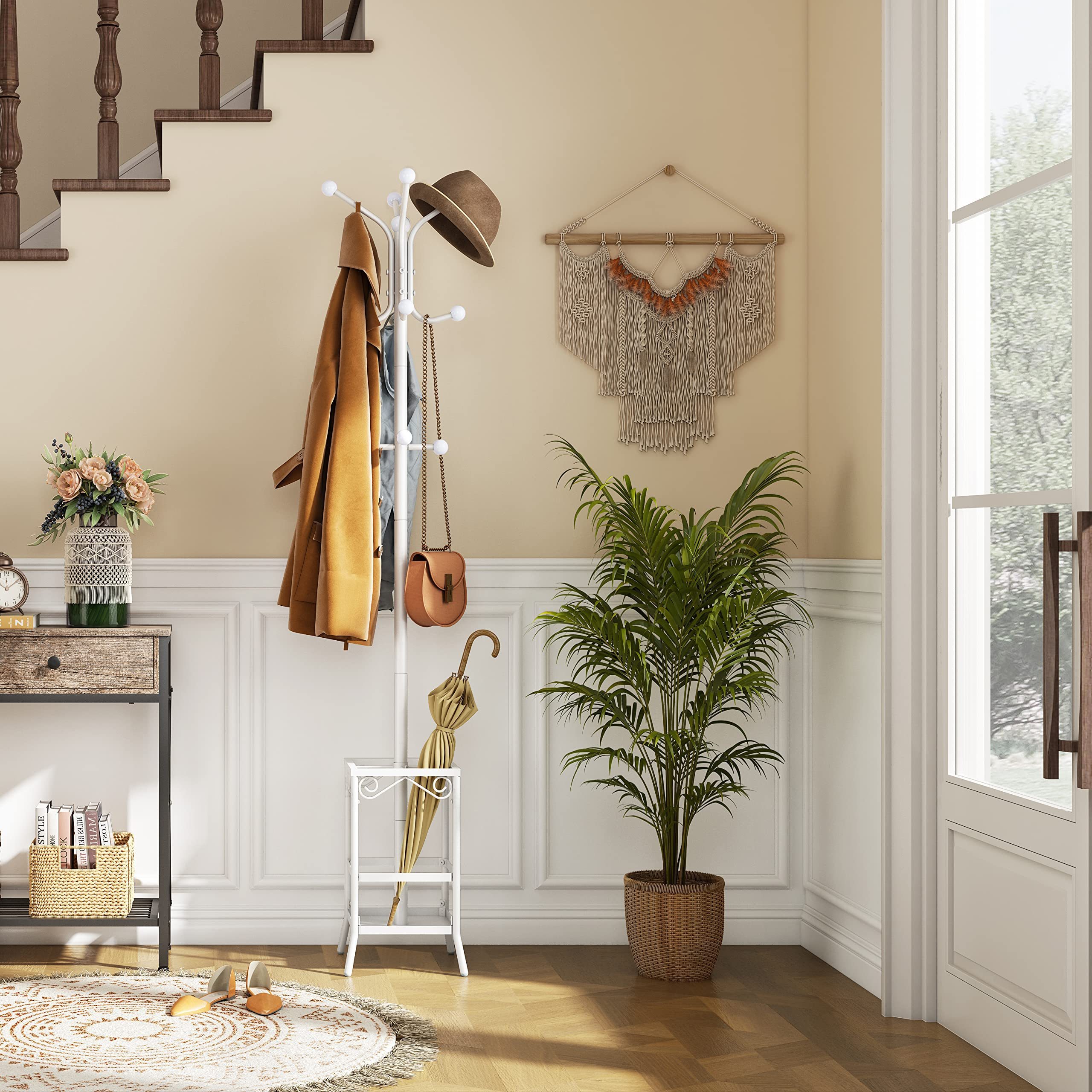 Perchero Entryway 12 Hooks Coat Hanger Stand Umbrella Holder Hall Tree Floor Standing Metal Freestanding Coat Rack