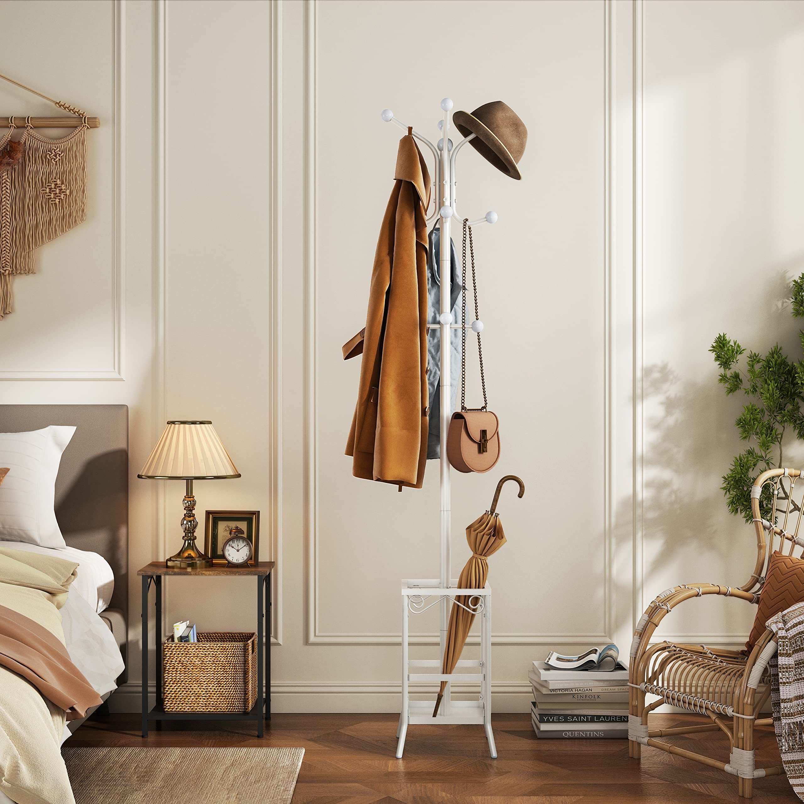 Perchero Entryway 12 Hooks Coat Hanger Stand Umbrella Holder Hall Tree Floor Standing Metal Freestanding Coat Rack