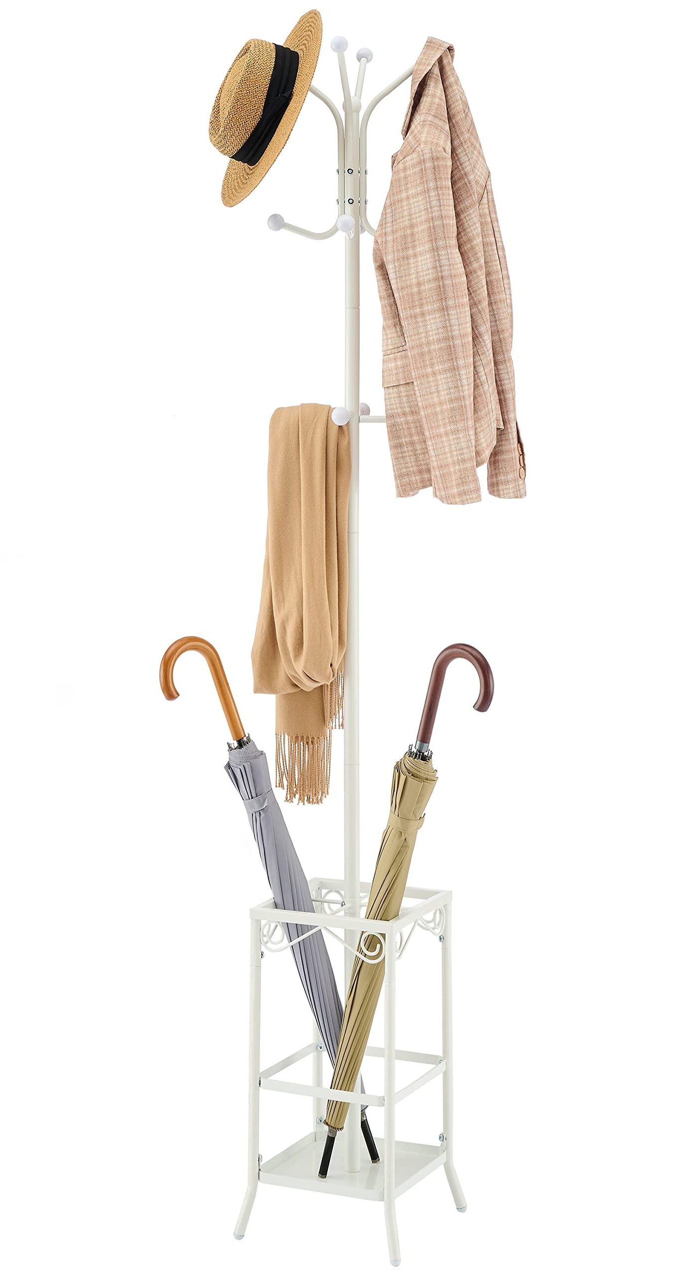 Perchero Entryway 12 Hooks Coat Hanger Stand Umbrella Holder Hall Tree Floor Standing Metal Freestanding Coat Rack