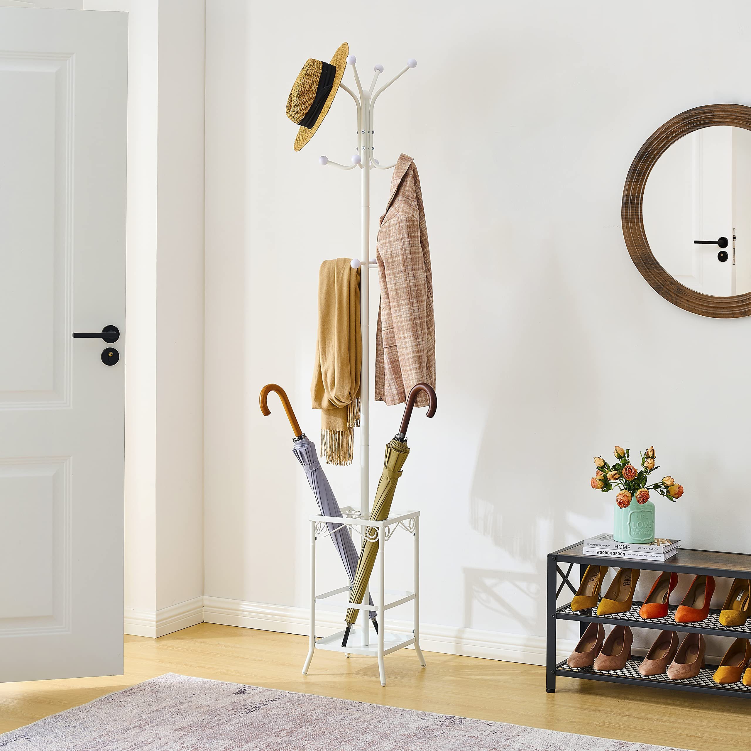 Perchero Entryway 12 Hooks Coat Hanger Stand Umbrella Holder Hall Tree Floor Standing Metal Freestanding Coat Rack