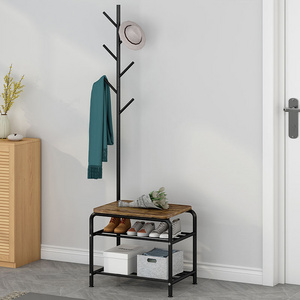 SuoErNuo Floor Standing Perchero Coat Hanger Stand Living Room Metal Wooden Coat Rack With Shoe Cabinet