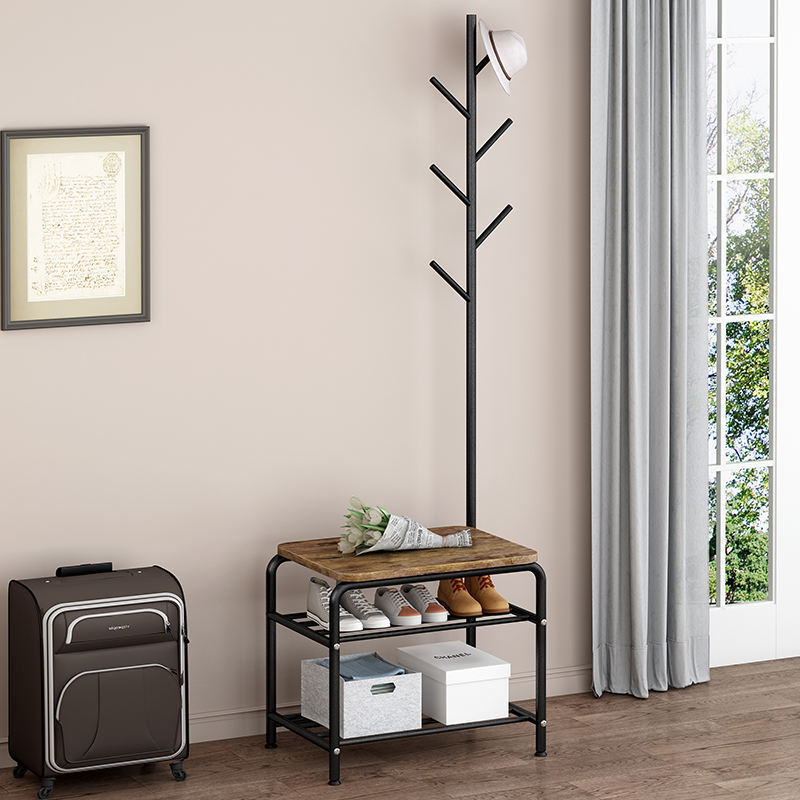 SuoErNuo Floor Standing Perchero Coat Hanger Stand Living Room Metal Wooden Coat Rack With Shoe Cabinet