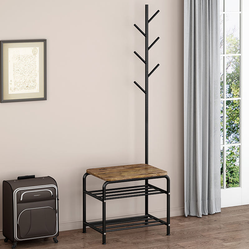 SuoErNuo Floor Standing Perchero Coat Hanger Stand Living Room Metal Wooden Coat Rack With Shoe Cabinet