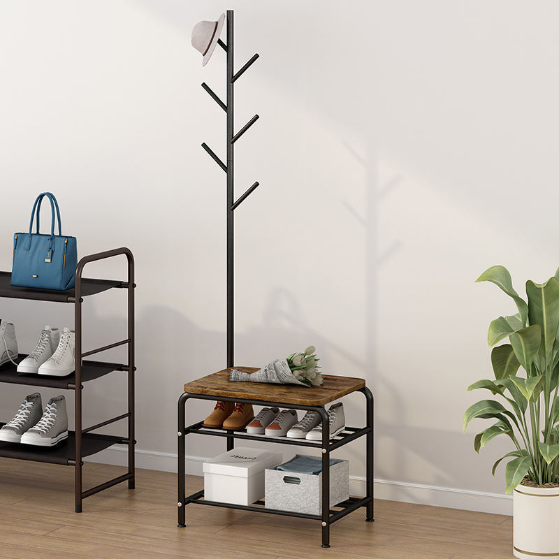 SuoErNuo Floor Standing Perchero Coat Hanger Stand Living Room Metal Wooden Coat Rack With Shoe Cabinet