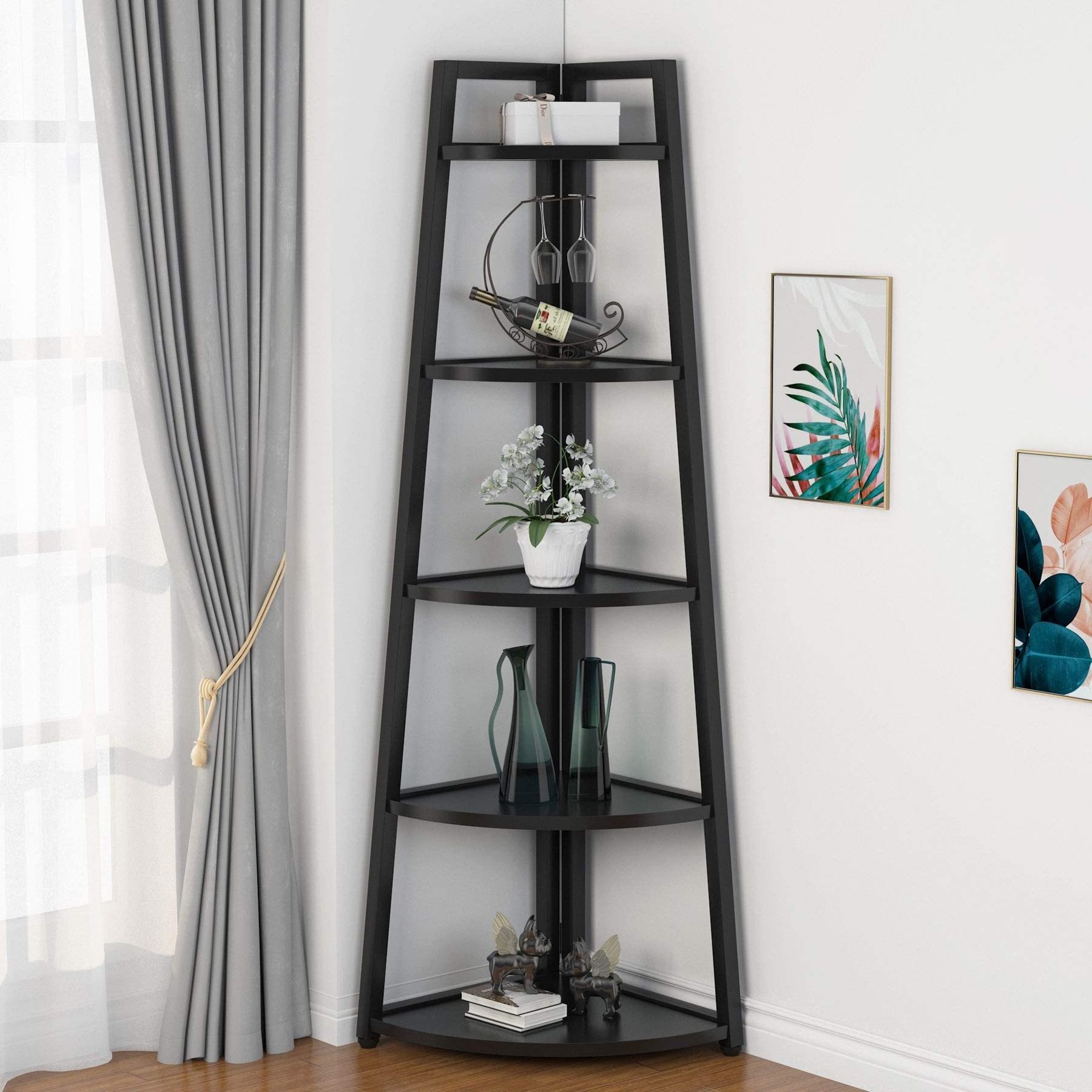 Living Room Kitchen Home Office 70 inch Tall Corner Shelf, 5 Tier Rustic Corner Bookshelf Bookcase Corner Ladder Shelf