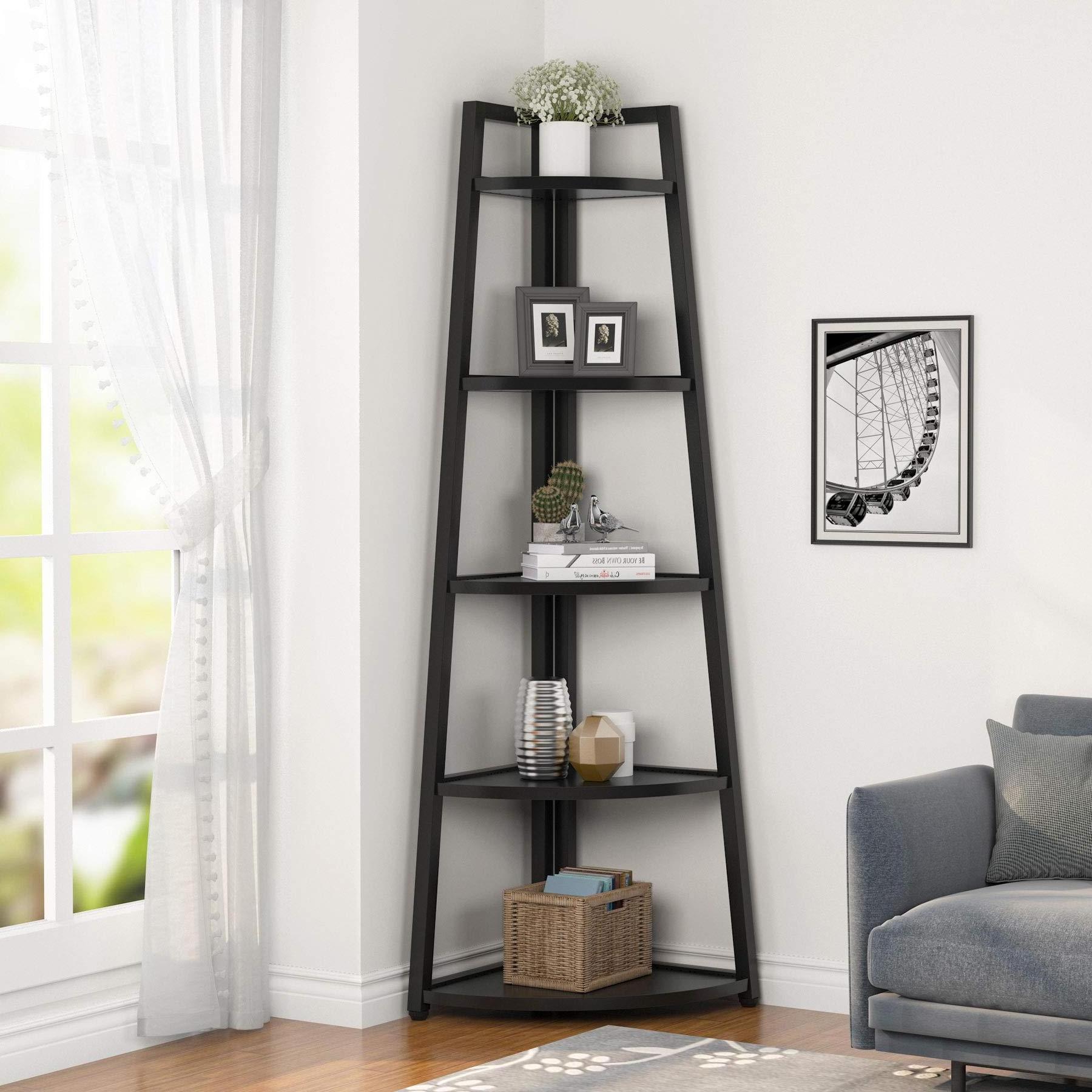 Living Room Kitchen Home Office 70 inch Tall Corner Shelf, 5 Tier Rustic Corner Bookshelf Bookcase Corner Ladder Shelf