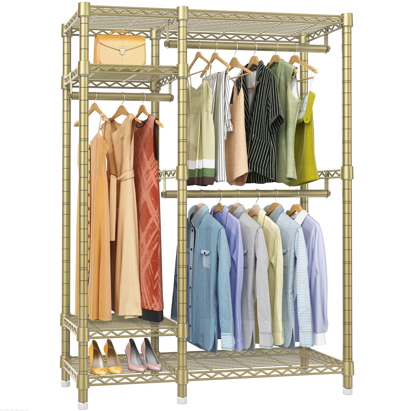 4 Tiers Adjustable Wire Shelving Clothing Racks with 3 Hanging Rods Freestanding Closet Metal Wardrobe Closet Garment Coat Rack