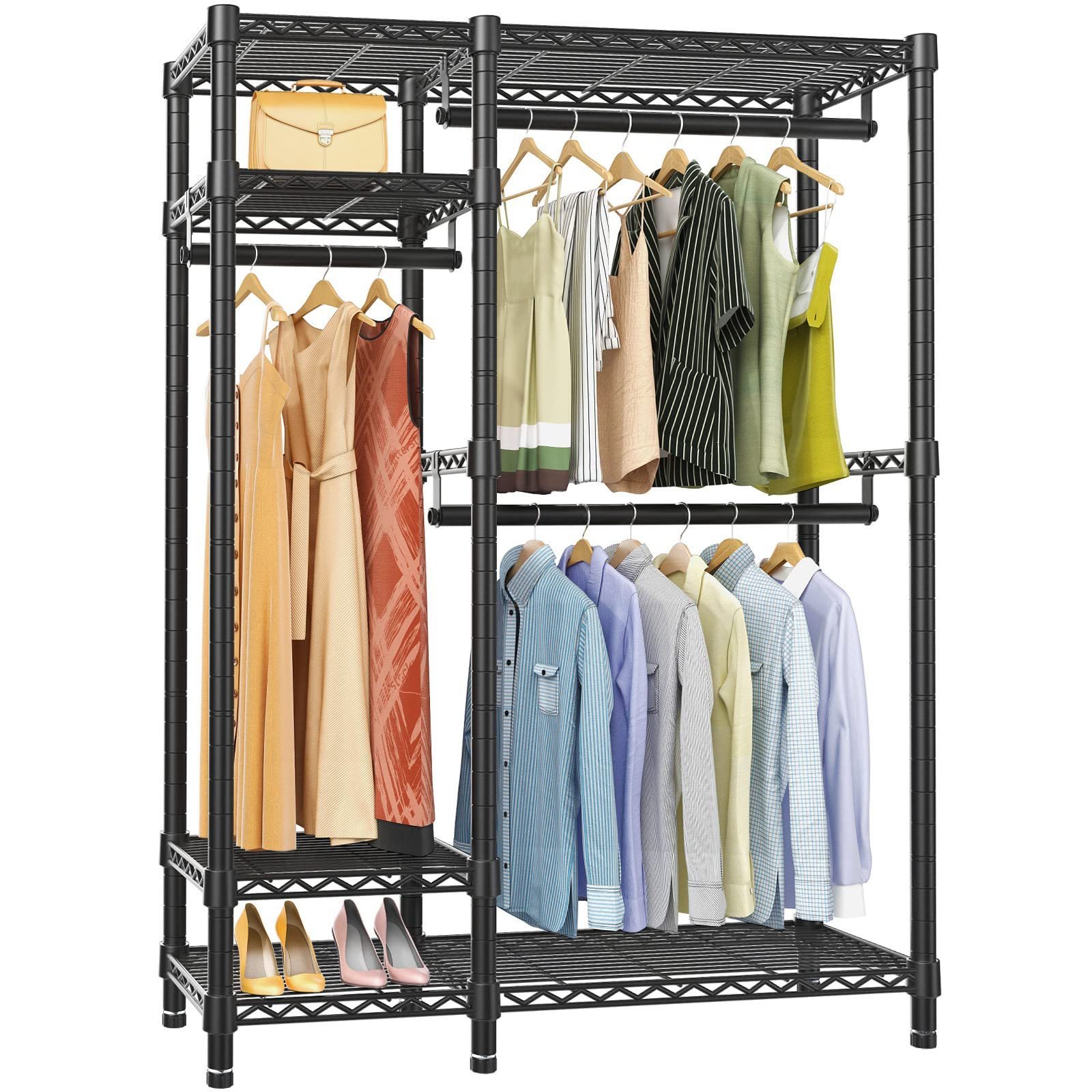 4 Tiers Adjustable Wire Shelving Clothing Racks with 3 Hanging Rods Freestanding Closet Metal Wardrobe Closet Garment Coat Rack