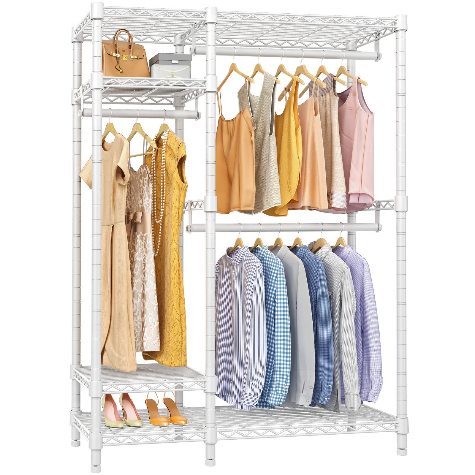 4 Tiers Adjustable Wire Shelving Clothing Racks with 3 Hanging Rods Freestanding Closet Metal Wardrobe Closet Garment Coat Rack