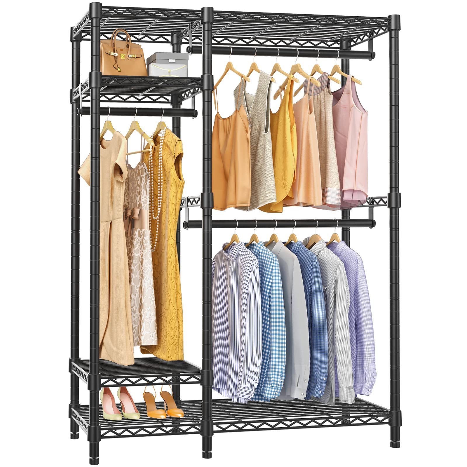 4 Tiers Adjustable Wire Shelving Clothing Racks with 3 Hanging Rods Freestanding Closet Metal Wardrobe Closet Garment Coat Rack