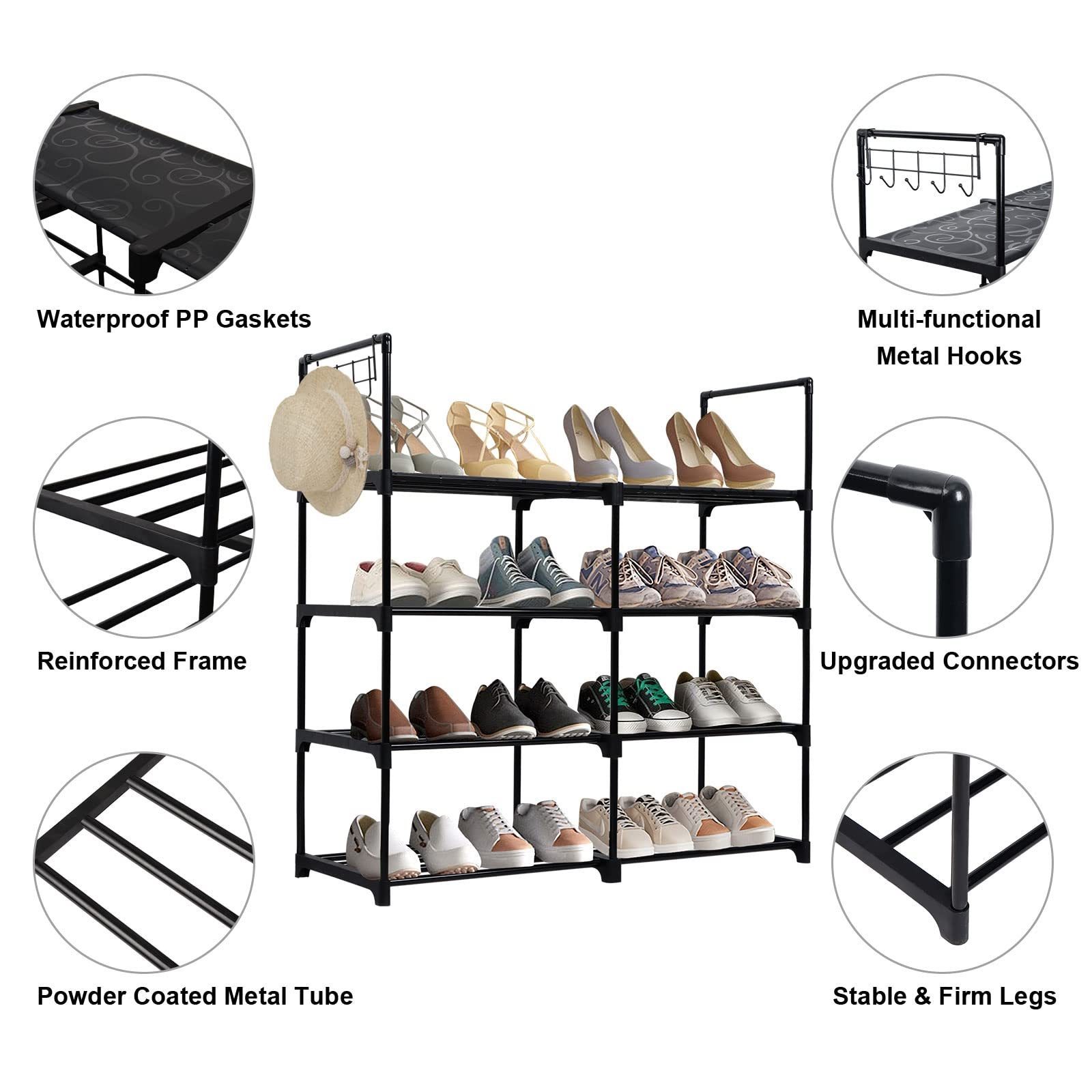 Suoernuo Cloakroom Hallway Sturdy Durable Metal Shoe Storage 16 Pairs Shoe Organizer 4 Tier Shoe Rack For Entryway