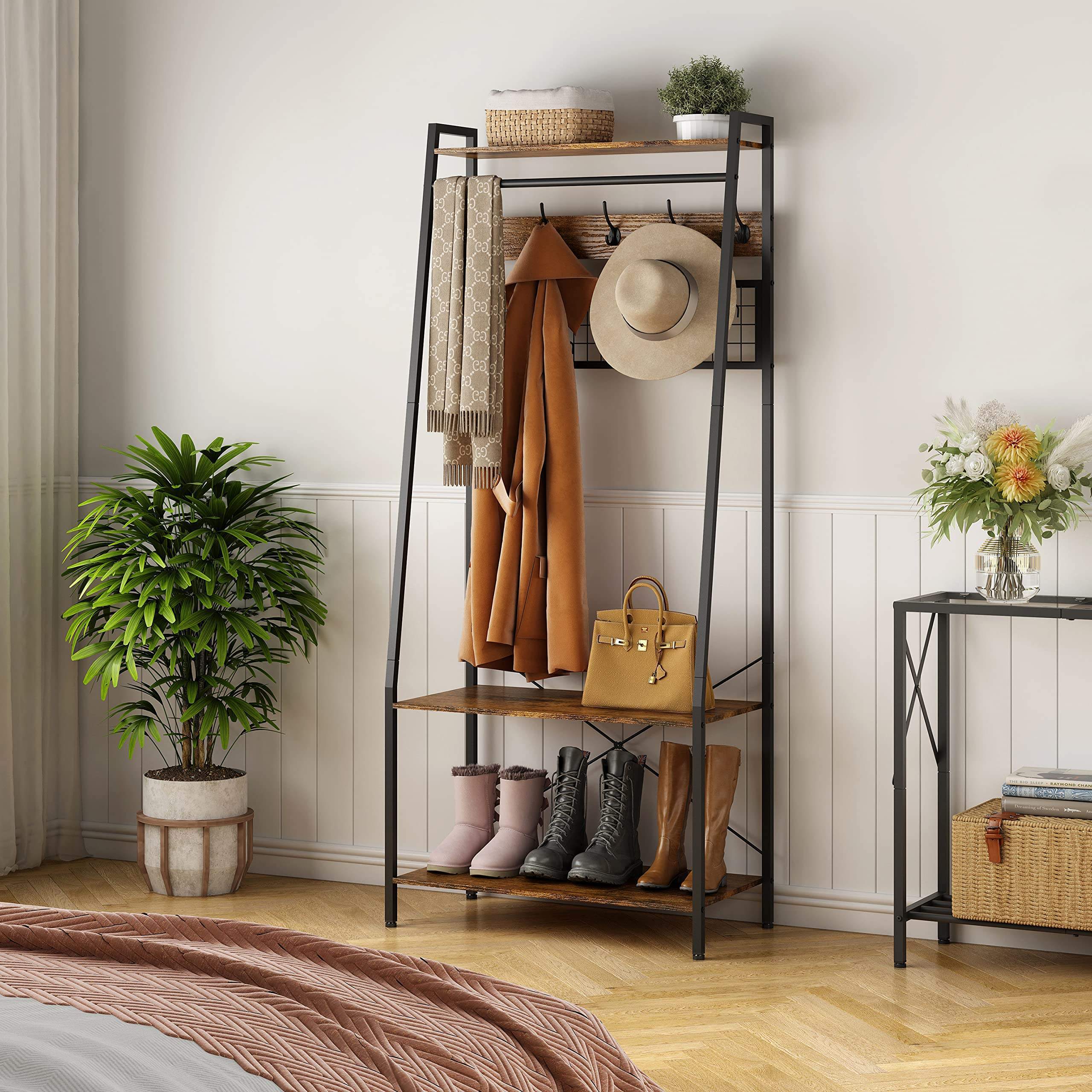 Zapateras Freestanding 3-Tier 10 Hooks Coat Rack Shoe Bench Sturdy Hall Tree Boots Storage Clothes Coat Rack