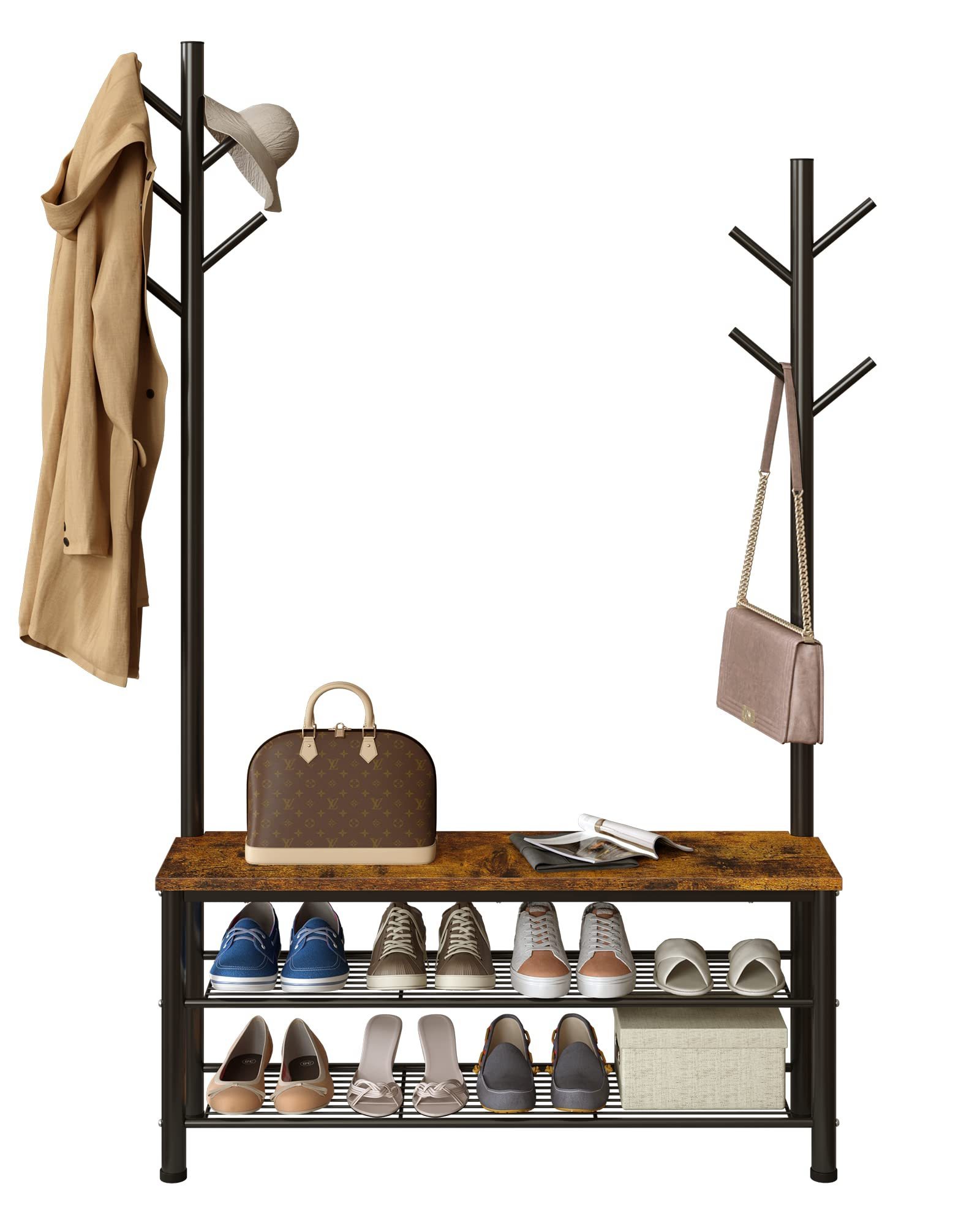 Hallway Bedroom 9 Hanging Hooks Industrial Entryway Bench 3 Tier Shoe Rack 2 Hall Tree Coat Racks Stand