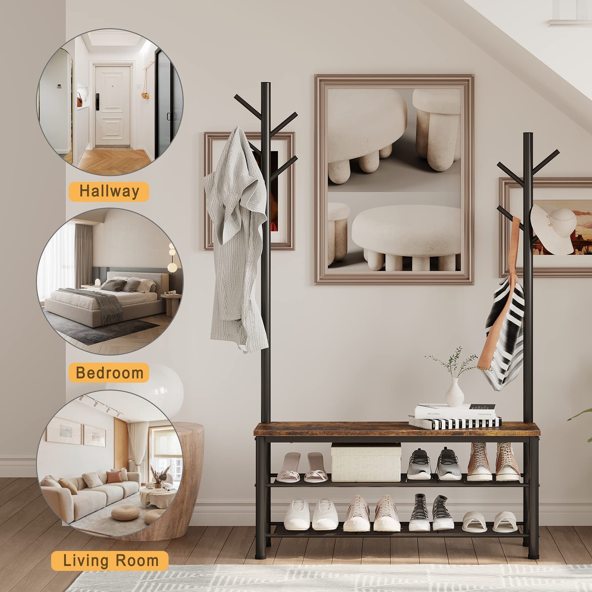 Hallway Bedroom 9 Hanging Hooks Industrial Entryway Bench 3 Tier Shoe Rack 2 Hall Tree Coat Racks Stand