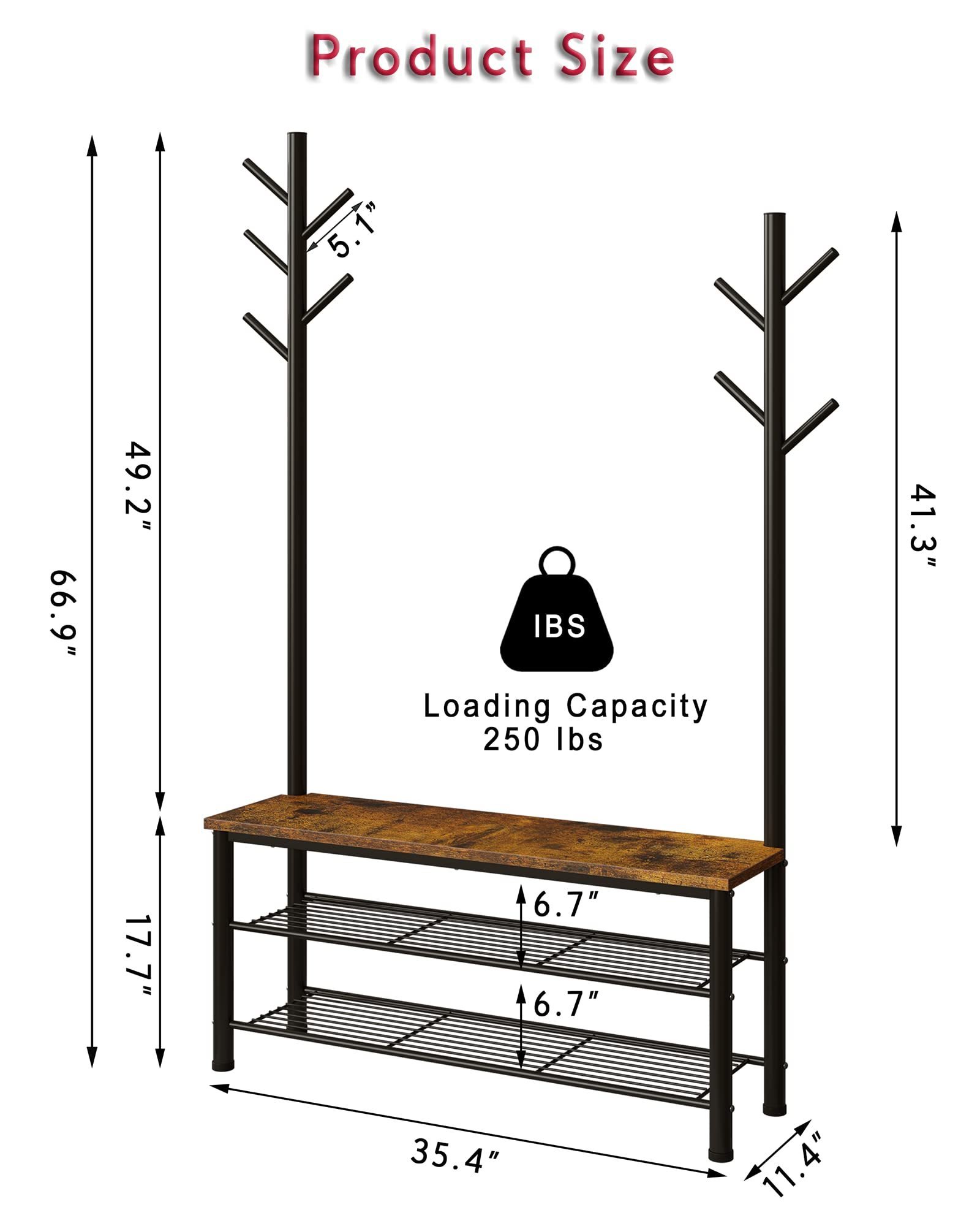 Hallway Bedroom 9 Hanging Hooks Industrial Entryway Bench 3 Tier Shoe Rack 2 Hall Tree Coat Racks Stand