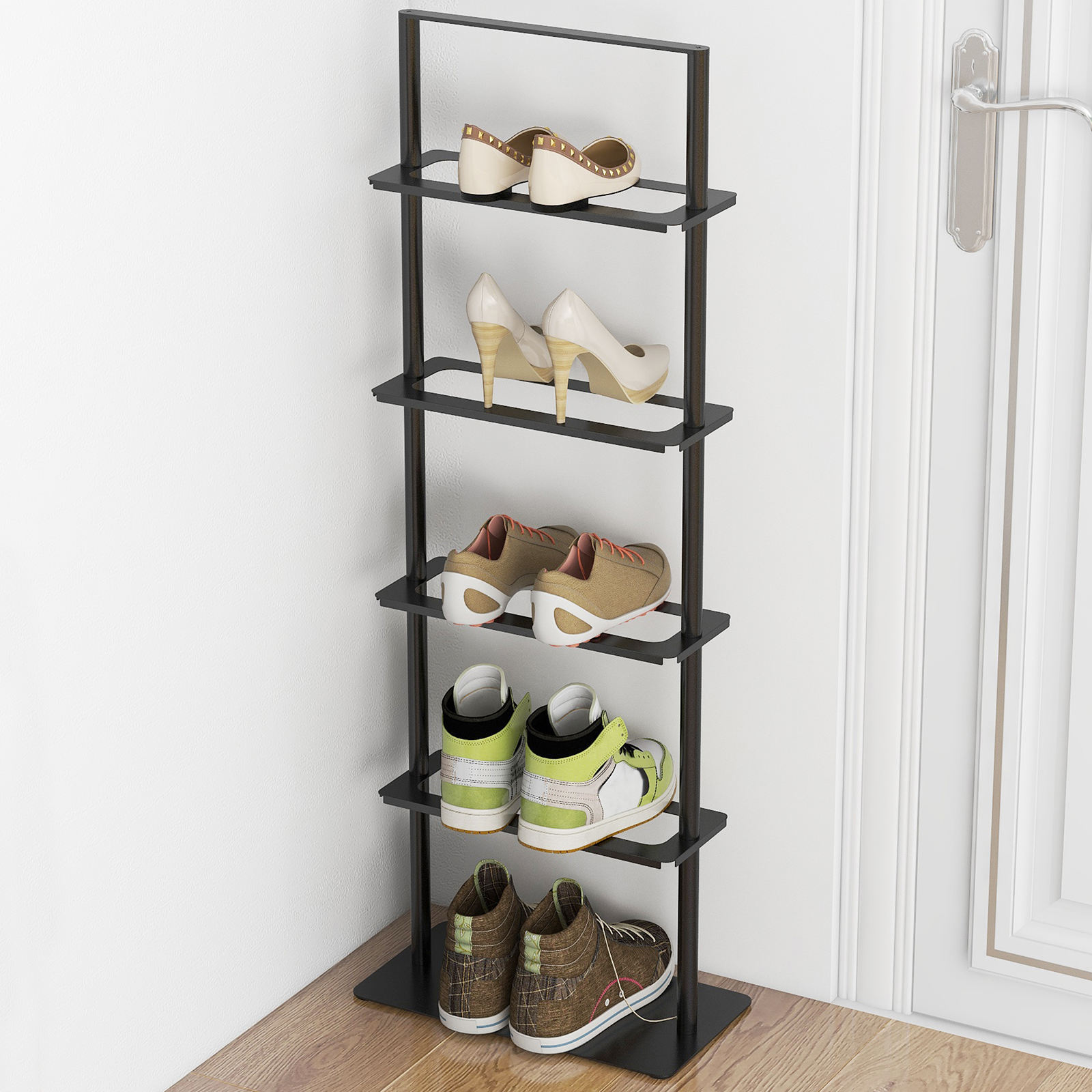 Living Room Portable Collapsible Rotating Narrow Small Spaces 5 Tier Black Metal Vertical Shoe Rack