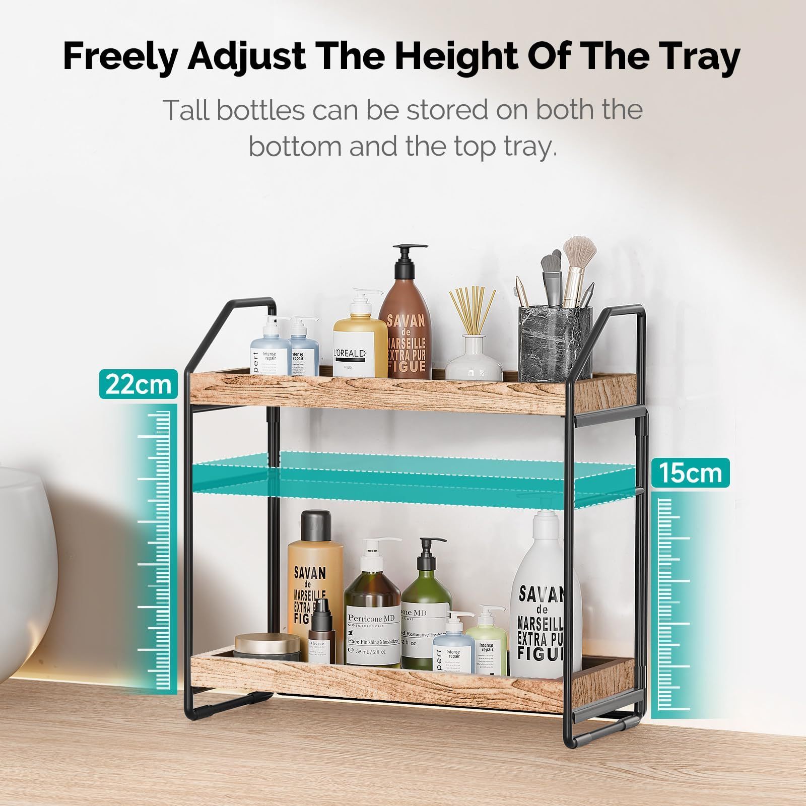 Bedroom Kitchen Spice Rack Adjustable 2-Tier Bathroom Countertop Organizer Standing Cosmetic Storage Shelf for Bath