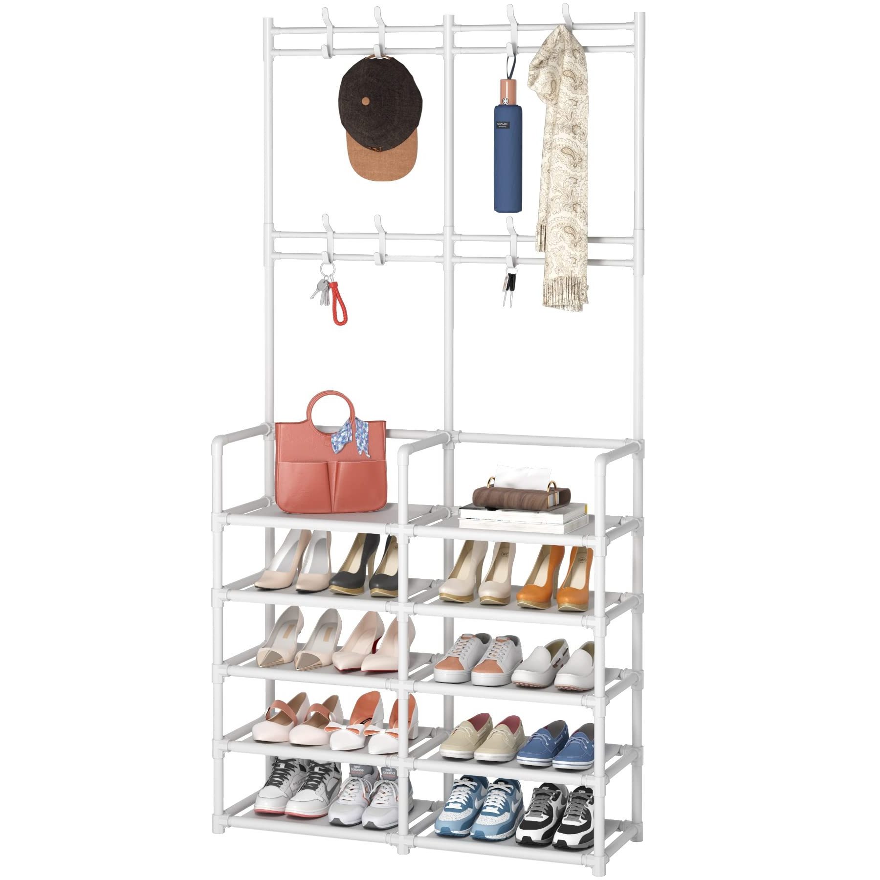 Bedroom Hallway Office 8 Hooks Entryway Bench Storage Organizer 5-Tier Entryway Coat Rack