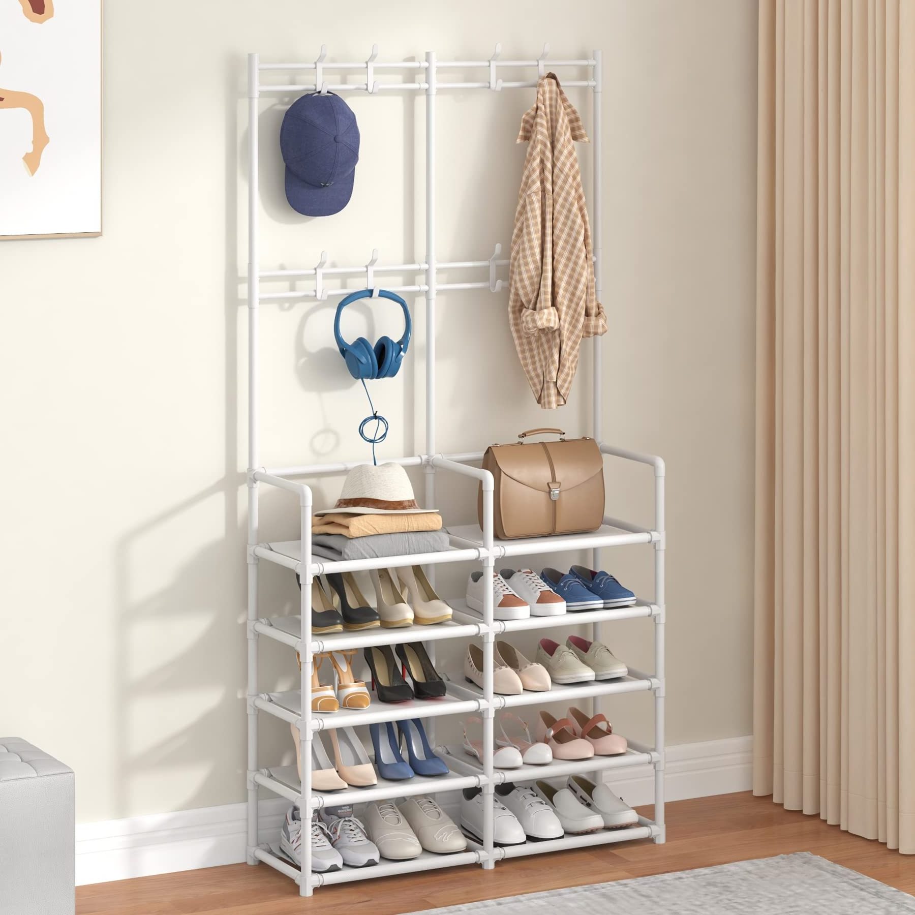 Bedroom Hallway Office 8 Hooks Entryway Bench Storage Organizer 5-Tier Entryway Coat Rack