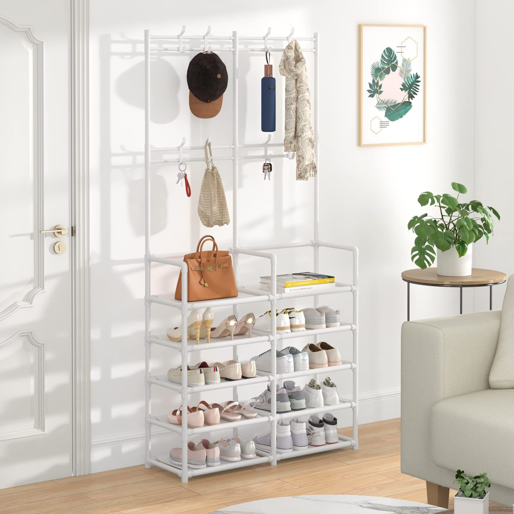 Bedroom Hallway Office 8 Hooks Entryway Bench Storage Organizer 5-Tier Entryway Coat Rack