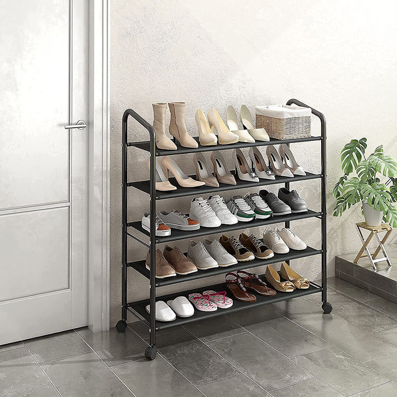 Wholesales Living Room Furniture Metal Shoe Stand Entryway 5 Layers Black Fabric Shoe Rack Storage With Wheels