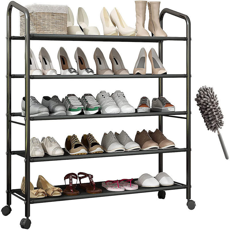 Wholesales Living Room Furniture Metal Shoe Stand Entryway 5 Layers Black Fabric Shoe Rack Storage With Wheels