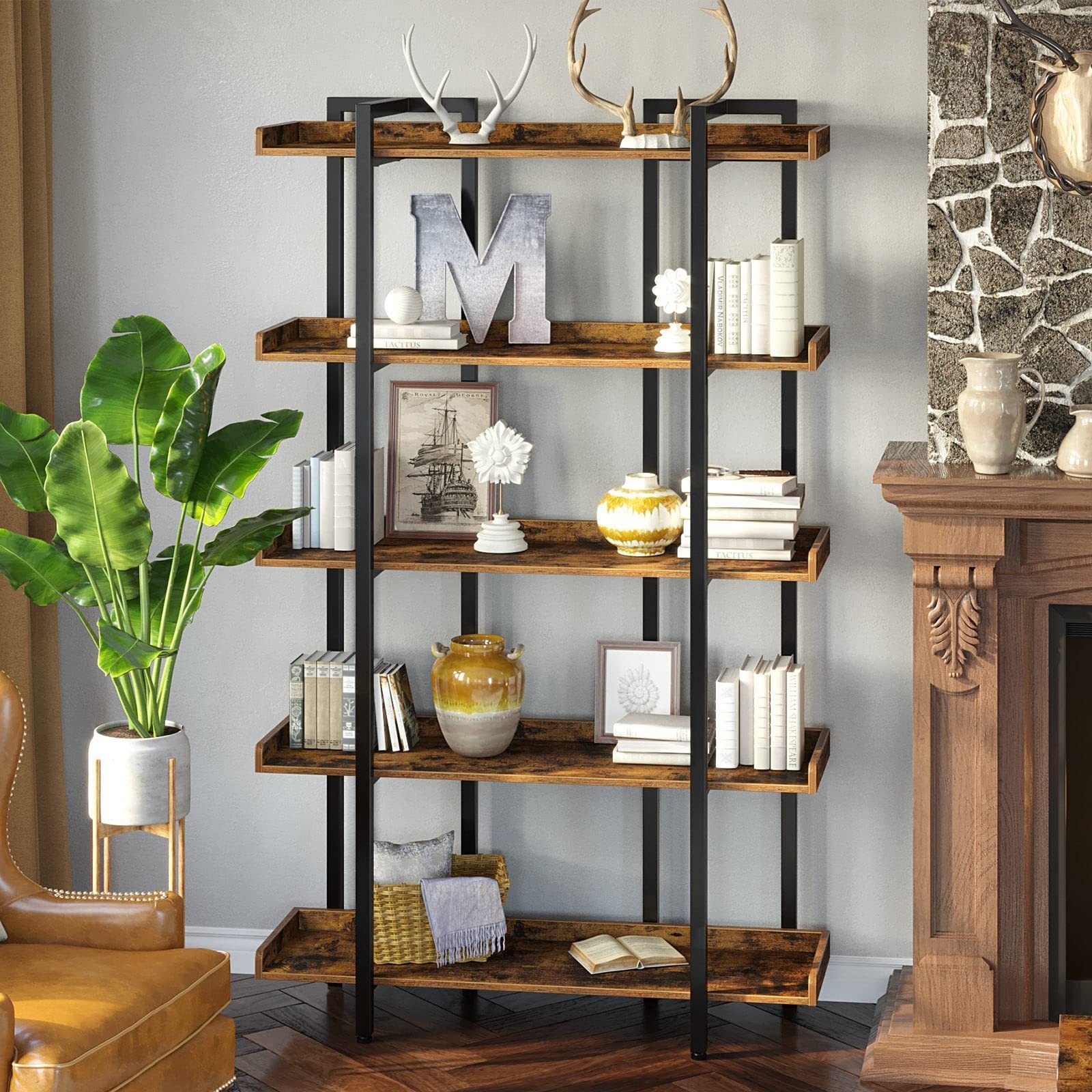 Wholesales Living Room Metal Frame Open Display Shelves Large Bookcases 5-Tier Industrial Bookshelf