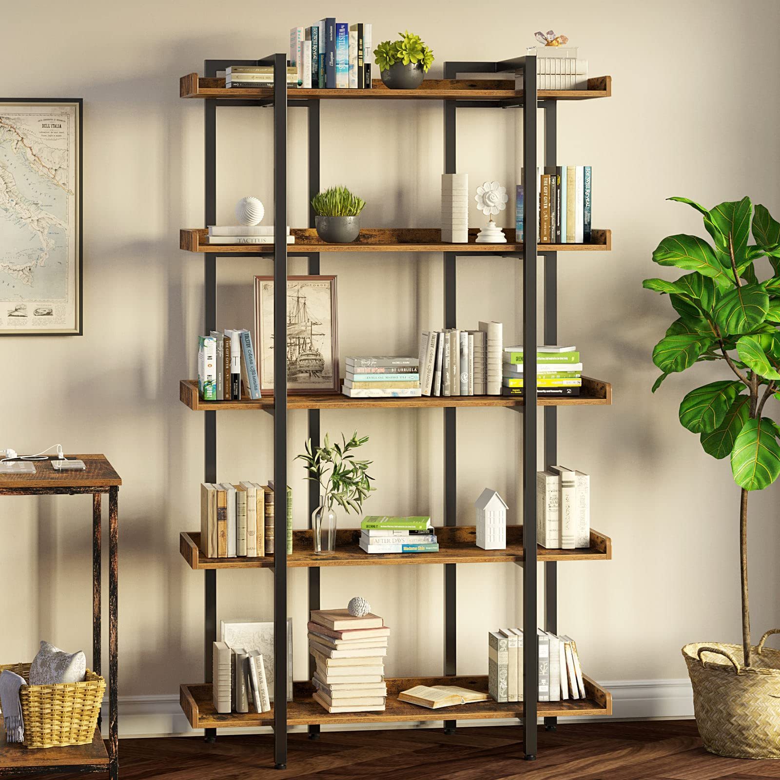 Wholesales Living Room Metal Frame Open Display Shelves Large Bookcases 5-Tier Industrial Bookshelf