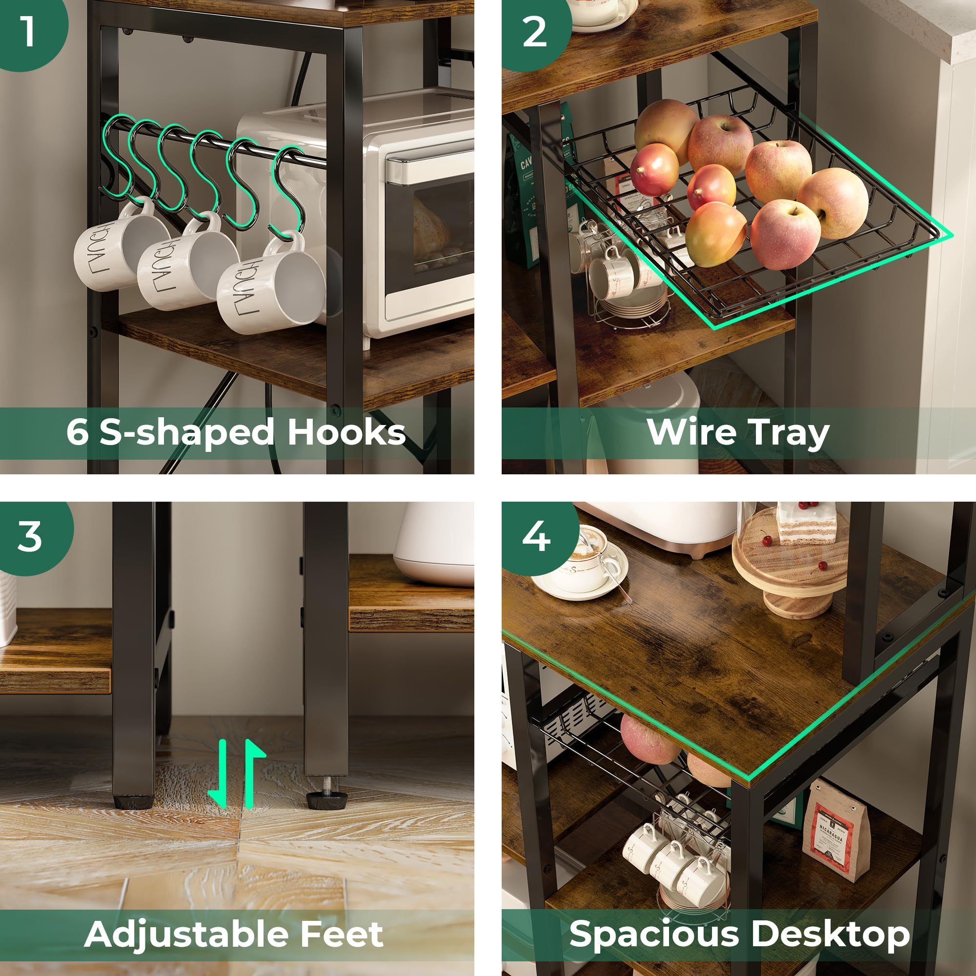 6 S-Shaped Hooks Open Storage Shelves Kitchen Microwave Stand Bakers Rack with Power Outlet