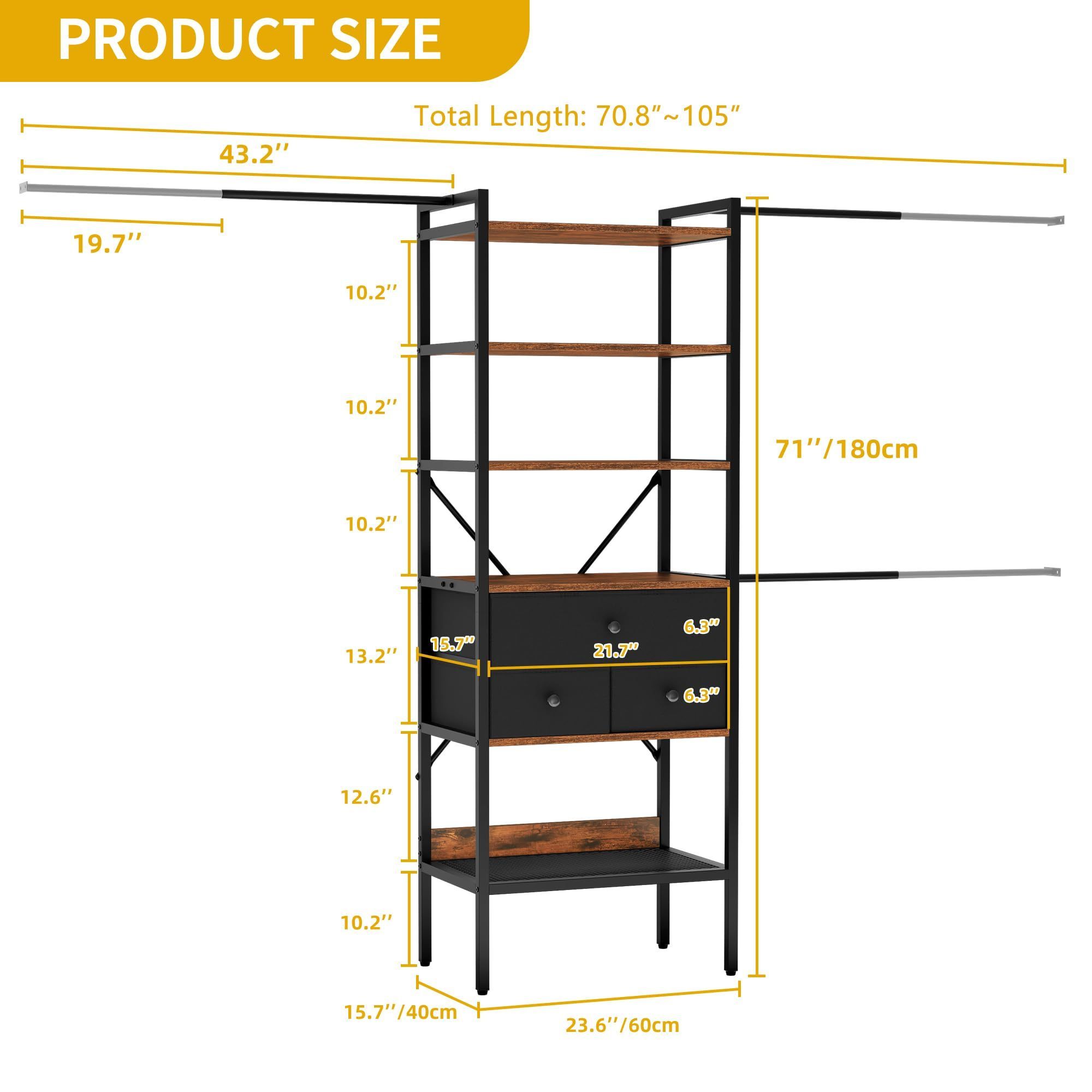 Bedroom 3 Expandable Hanger Rods 7-Tier Closet Storage Shelves Adjustable Heavy Duty Garment Rack Closet Organizer