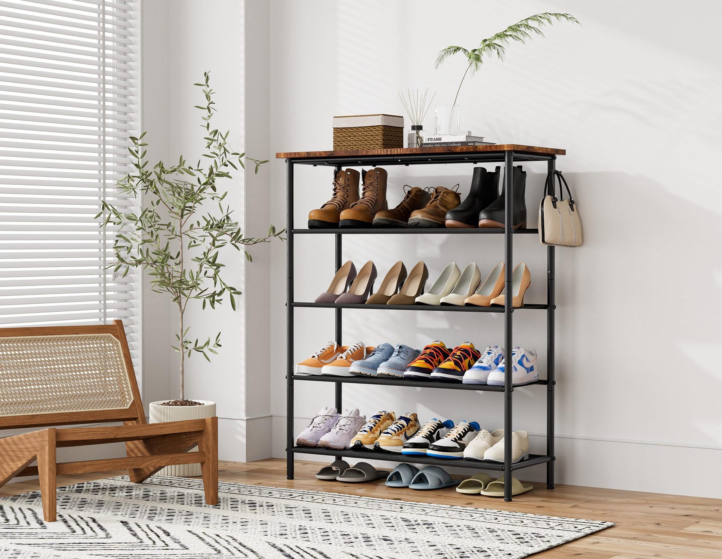 Hallway Bedroom Dust-proof Fabric Shelves Wooden Top Shoe Organizer 5-Tier Shoe Storage Shelves Shoe Rack