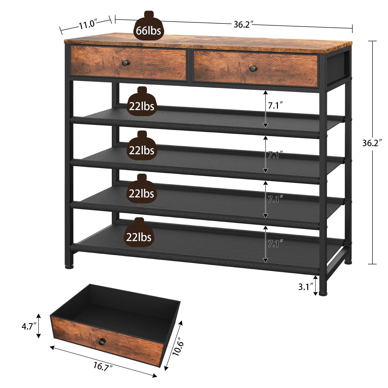 Closet Entryway 4 Fabric Shelves Wooden Top 5 Tier Shoe Storage Organizer Shoe Rack With 2 Drawers