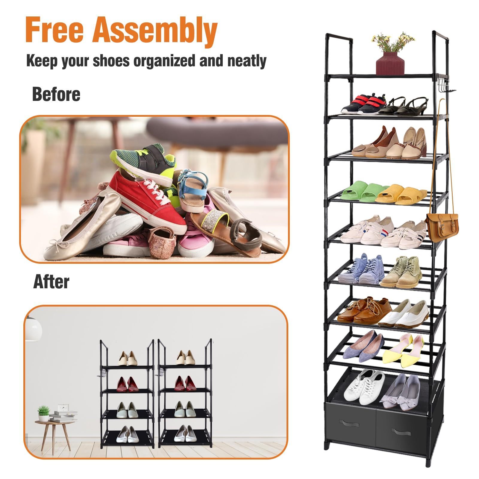 Living room 10 Tiers Metal Narrow Shoe Rack Organizer Space-Saving vertical shoe rack Stand