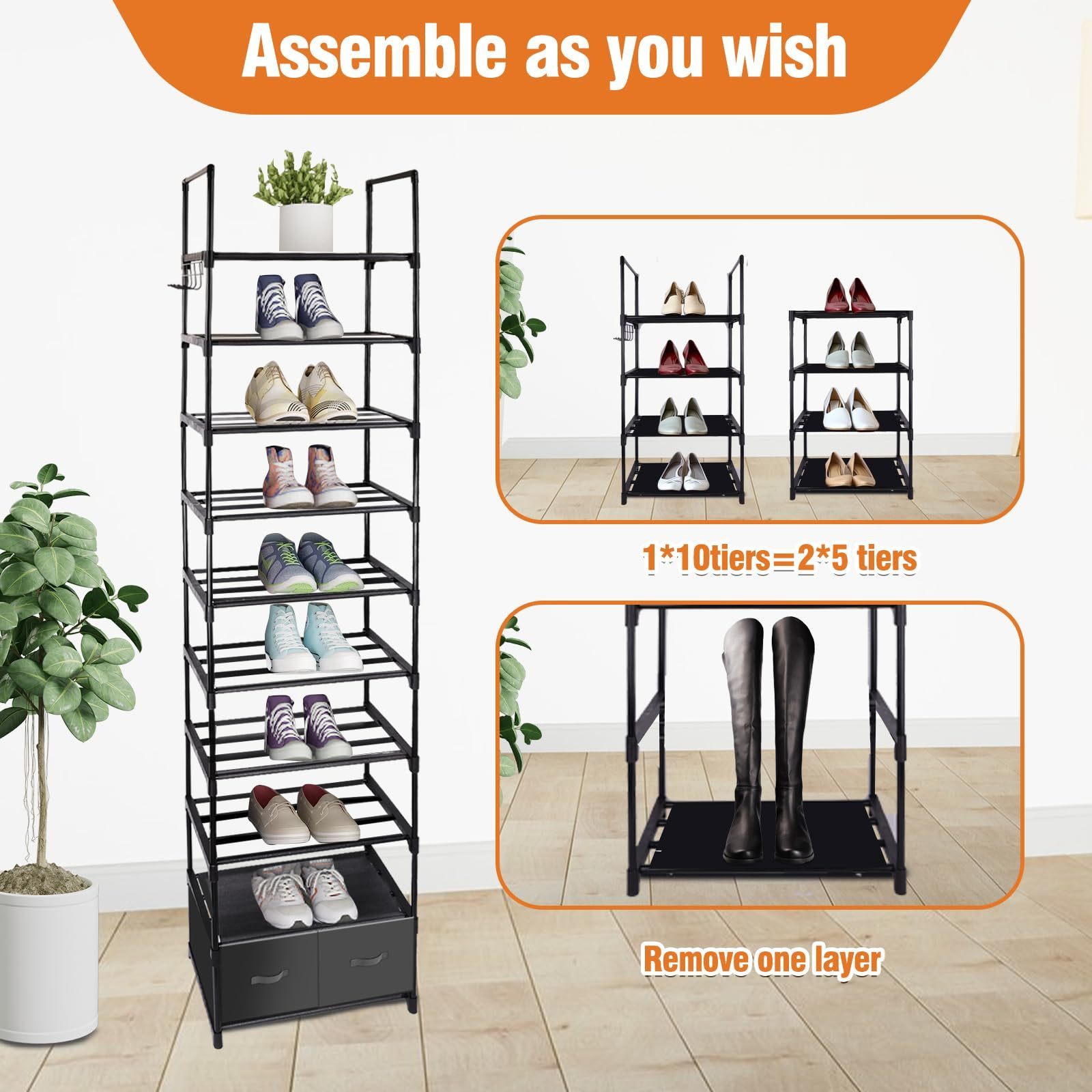 Living room 10 Tiers Metal Narrow Shoe Rack Organizer Space-Saving vertical shoe rack Stand