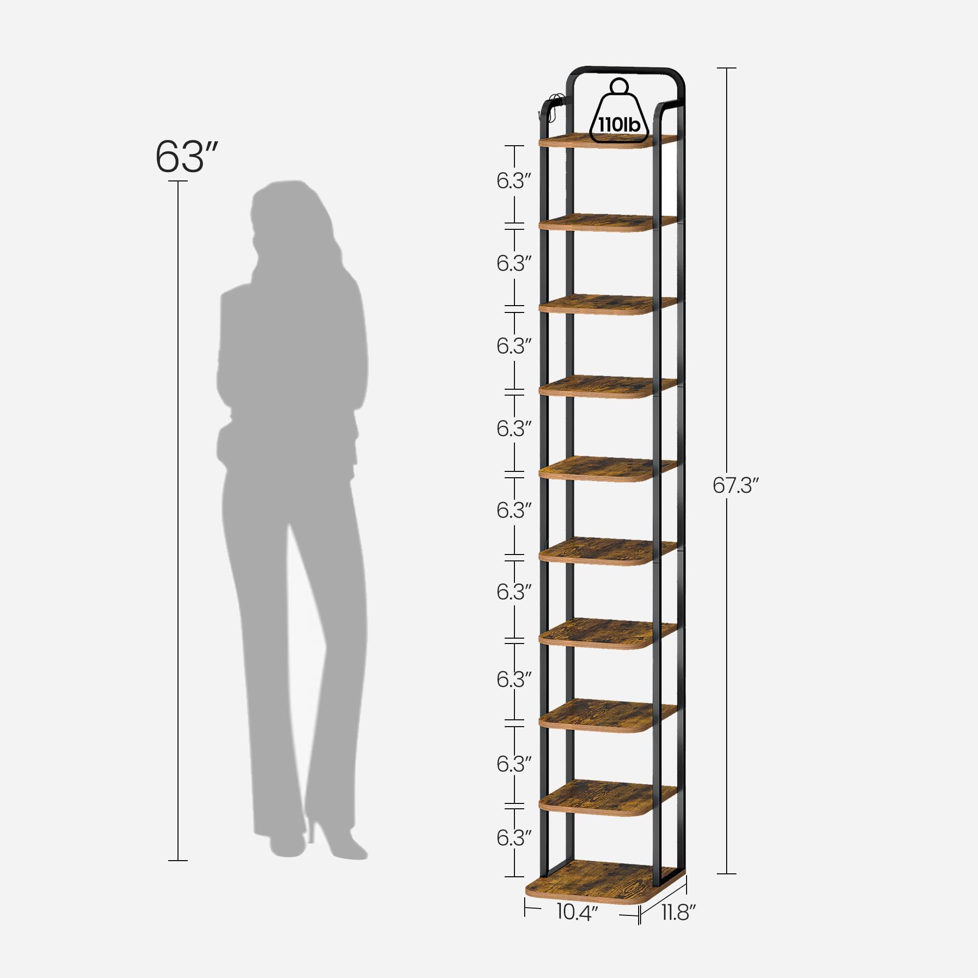 Living Room Free Standing Wood Metal Shoe Organizer Entryway 10 Tier Narrow Shoe Shelves Vertical Shoe Rack